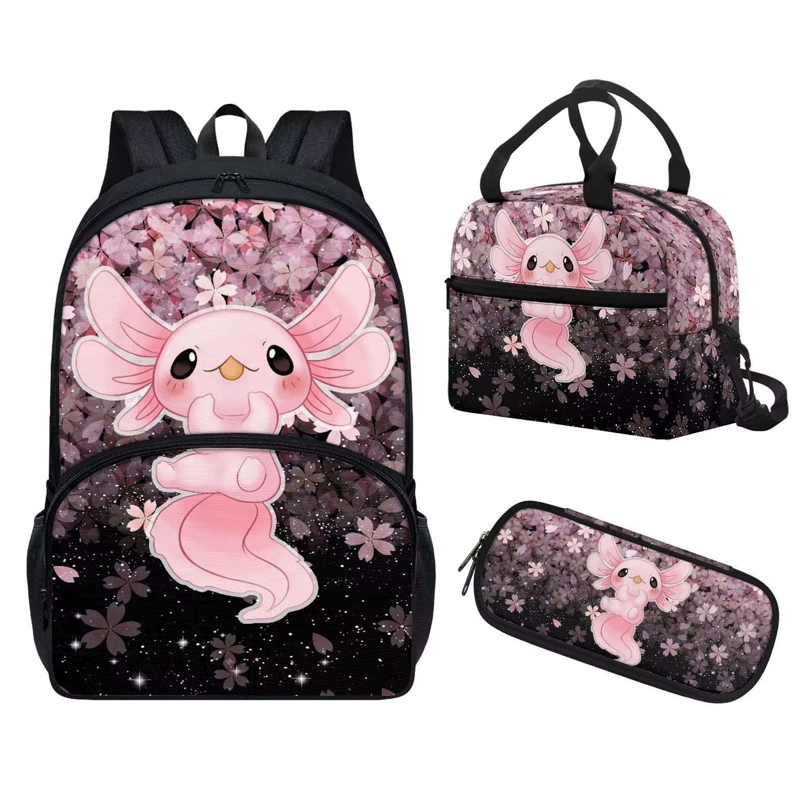 HELLHERO Cute Axolotl Backpack and Lunch Bag Set for Girls School Bag Kids Cherry Blossom School Backpacks Preschool Elementary Student Junior Schoolbag Children Bookbag