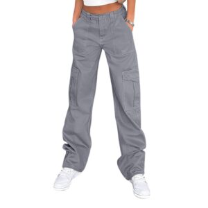 women 6 pockets high waisted cargo pants wide leg casual pants combat military trouser blue grey