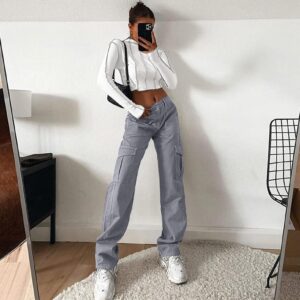 Women 6 Pockets High Waisted Cargo Pants Wide Leg Casual Pants Combat Military Trouser Blue Grey