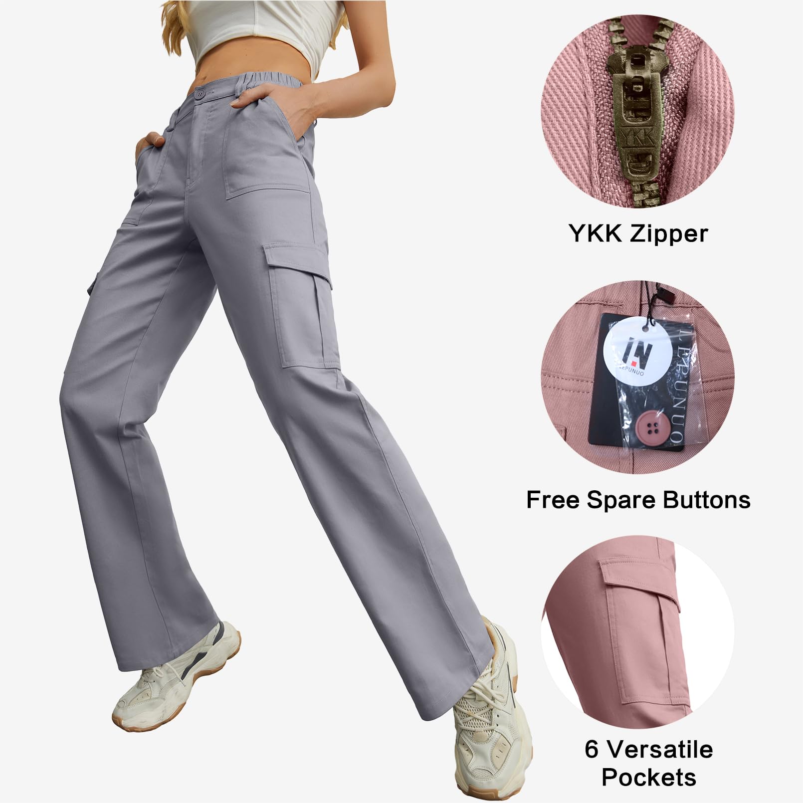 Women 6 Pockets High Waisted Cargo Pants Wide Leg Casual Pants Combat Military Trouser Blue Grey