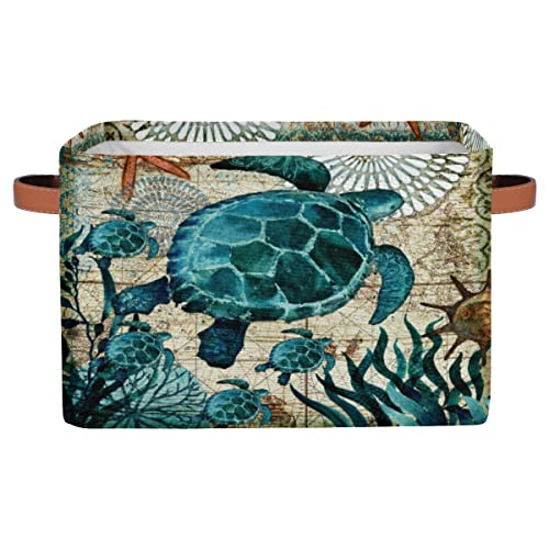 KOBLEN Sea Ocean Turtle Storage Basket Collapsible Storage Bins Large Fabric Organizer Storage Cubes Foldabe Storage Box with Handle for Shelf Home Closet Organziers