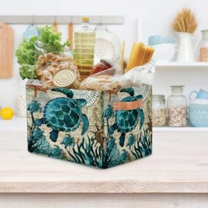 KOBLEN Sea Ocean Turtle Storage Basket Collapsible Storage Bins Large Fabric Organizer Storage Cubes Foldabe Storage Box with Handle for Shelf Home Closet Organziers