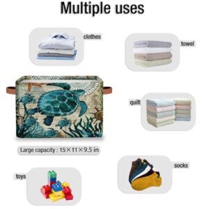 KOBLEN Sea Ocean Turtle Storage Basket Collapsible Storage Bins Large Fabric Organizer Storage Cubes Foldabe Storage Box with Handle for Shelf Home Closet Organziers