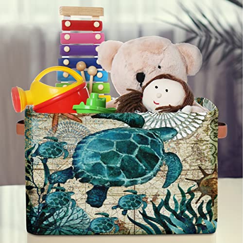 KOBLEN Sea Ocean Turtle Storage Basket Collapsible Storage Bins Large Fabric Organizer Storage Cubes Foldabe Storage Box with Handle for Shelf Home Closet Organziers