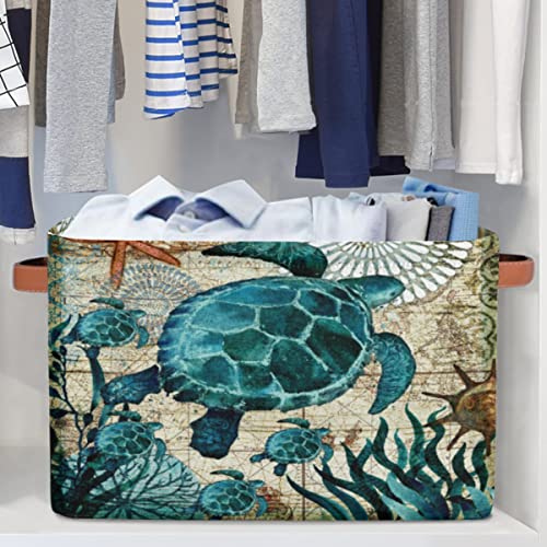 KOBLEN Sea Ocean Turtle Storage Basket Collapsible Storage Bins Large Fabric Organizer Storage Cubes Foldabe Storage Box with Handle for Shelf Home Closet Organziers