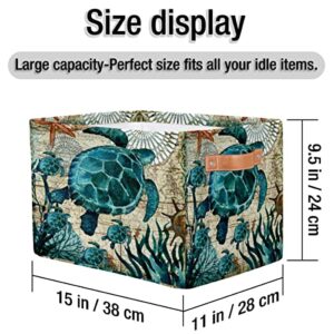 KOBLEN Sea Ocean Turtle Storage Basket Collapsible Storage Bins Large Fabric Organizer Storage Cubes Foldabe Storage Box with Handle for Shelf Home Closet Organziers