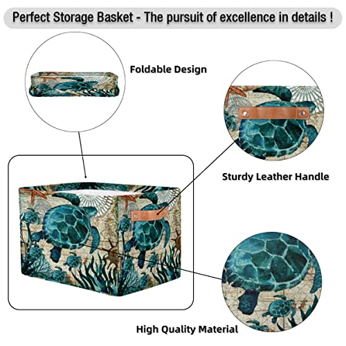 KOBLEN Sea Ocean Turtle Storage Basket Collapsible Storage Bins Large Fabric Organizer Storage Cubes Foldabe Storage Box with Handle for Shelf Home Closet Organziers