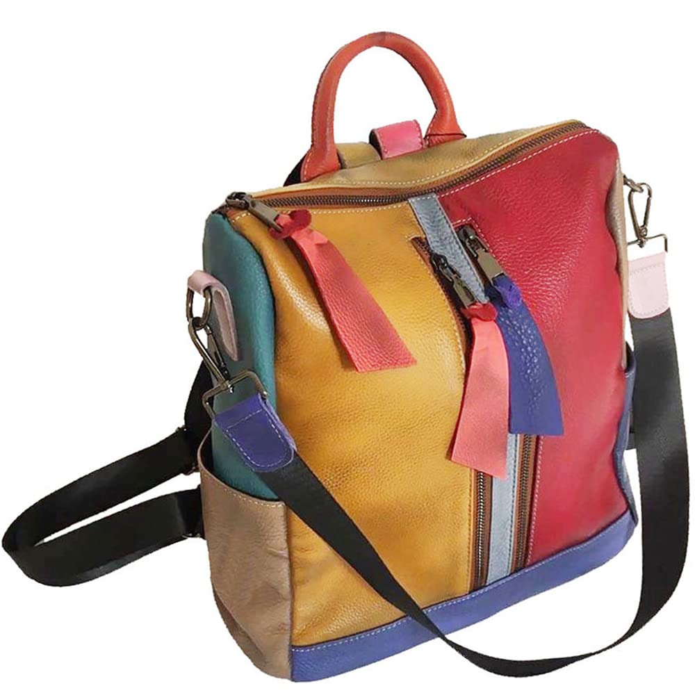 Downupdown 2 in 1 Backpacks for Women Genuine Leather Backpack Single Shoulder Bag Zipper knapsack Satchel Casual Daypack -Multicolour