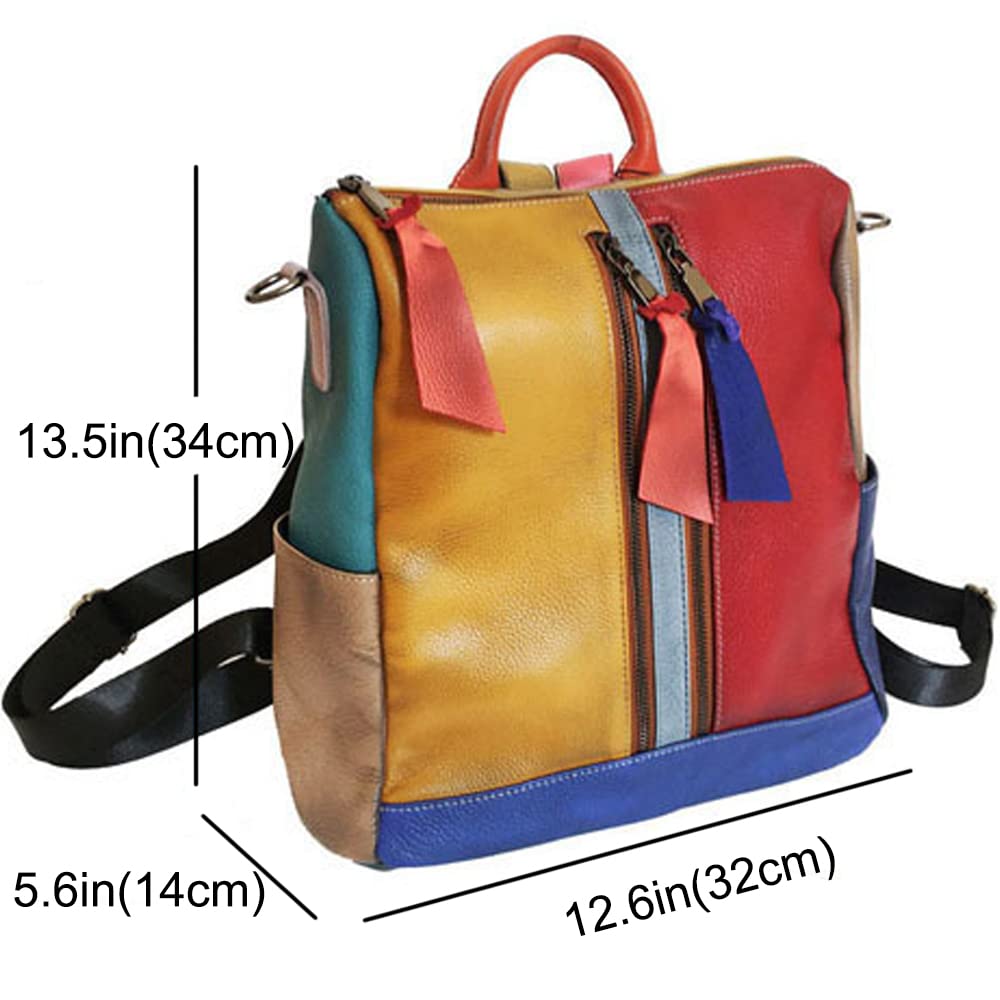 Downupdown 2 in 1 Backpacks for Women Genuine Leather Backpack Single Shoulder Bag Zipper knapsack Satchel Casual Daypack -Multicolour