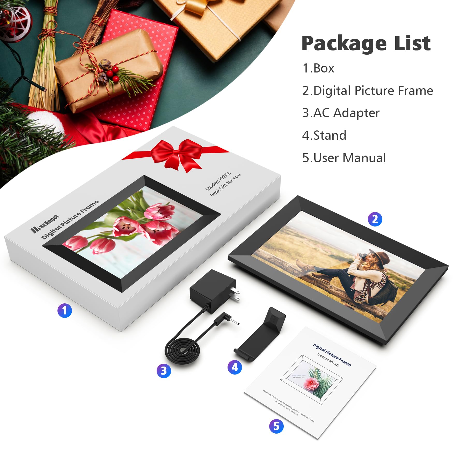 MaxAngel Digital Picture Frame 10.1 Inch WiFi Electronic Photo Frame 32GB Storage SD Card Slot Desktop IPS Touch Screen HD Display Auto-Rotate Slideshow Share Videos Photos Remotely Via Uhale App