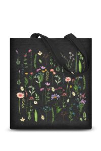 ausvkai cute canvas tote bag aesthetic for women college grocery bag cotton cloth beach totes gift-black flowers