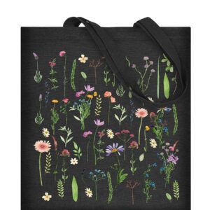 AUSVKAI Cute Canvas Tote Bag Aesthetic For Women College Grocery Bag Cotton Cloth Beach Totes Gift-Black Flowers