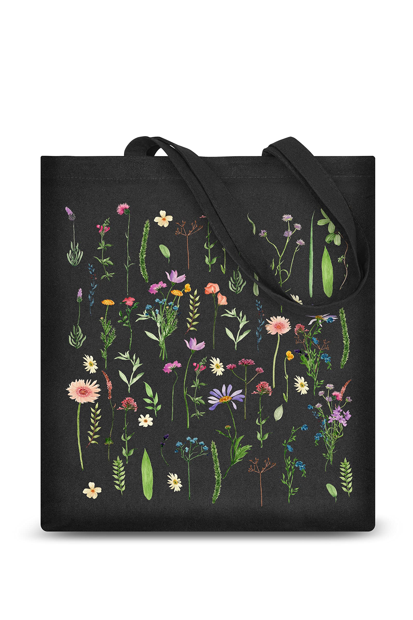 AUSVKAI Cute Canvas Tote Bag Aesthetic For Women College Grocery Bag Cotton Cloth Beach Totes Gift-Black Flowers