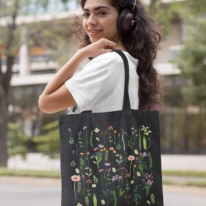 AUSVKAI Cute Canvas Tote Bag Aesthetic For Women College Grocery Bag Cotton Cloth Beach Totes Gift-Black Flowers