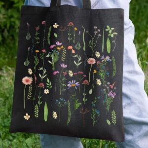 AUSVKAI Cute Canvas Tote Bag Aesthetic For Women College Grocery Bag Cotton Cloth Beach Totes Gift-Black Flowers