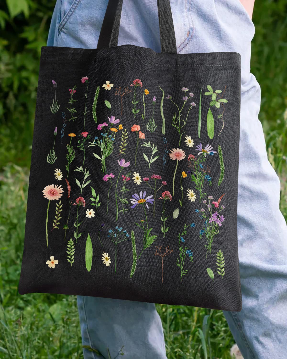 AUSVKAI Cute Canvas Tote Bag Aesthetic For Women College Grocery Bag Cotton Cloth Beach Totes Gift-Black Flowers