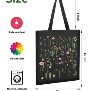 AUSVKAI Cute Canvas Tote Bag Aesthetic For Women College Grocery Bag Cotton Cloth Beach Totes Gift-Black Flowers