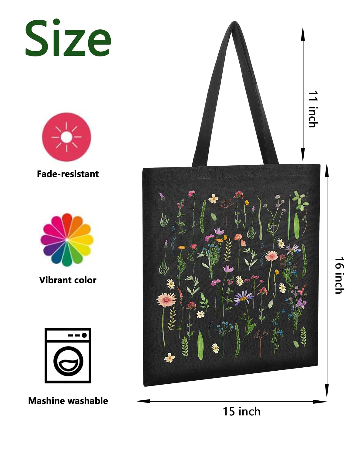 AUSVKAI Cute Canvas Tote Bag Aesthetic For Women College Grocery Bag Cotton Cloth Beach Totes Gift-Black Flowers