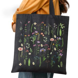 AUSVKAI Cute Canvas Tote Bag Aesthetic For Women College Grocery Bag Cotton Cloth Beach Totes Gift-Black Flowers