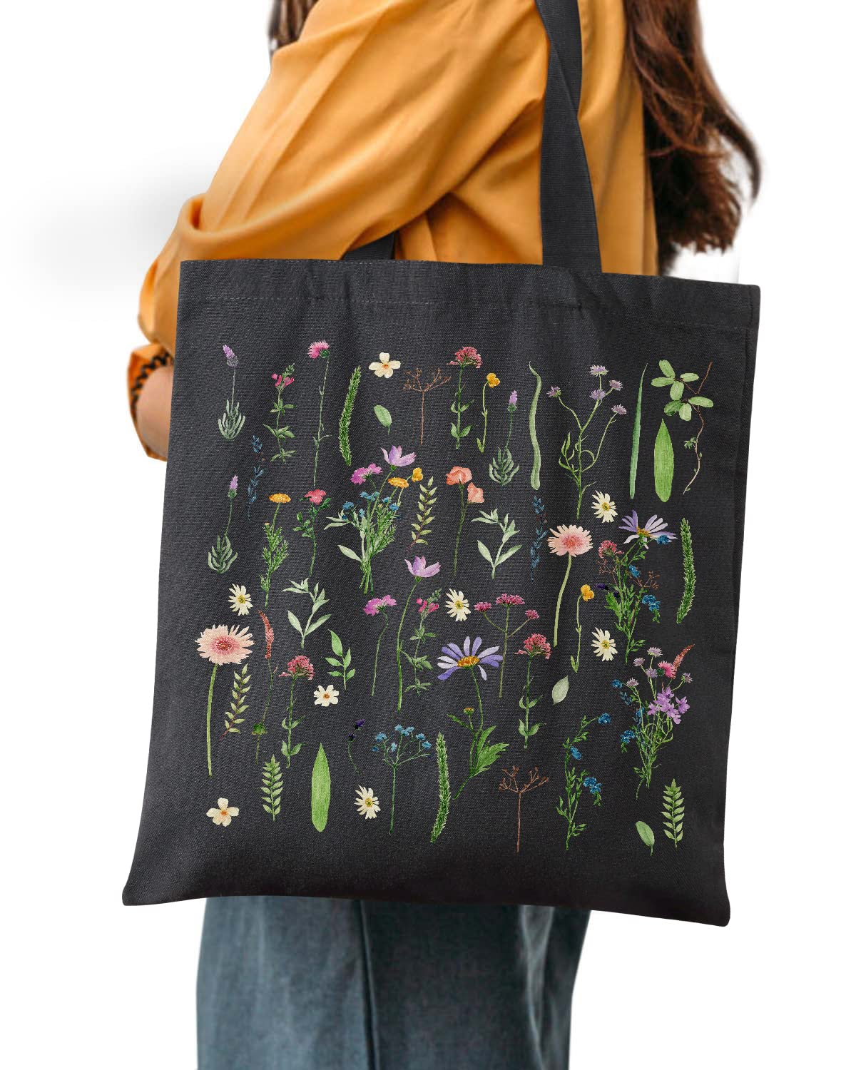 AUSVKAI Cute Canvas Tote Bag Aesthetic For Women College Grocery Bag Cotton Cloth Beach Totes Gift-Black Flowers