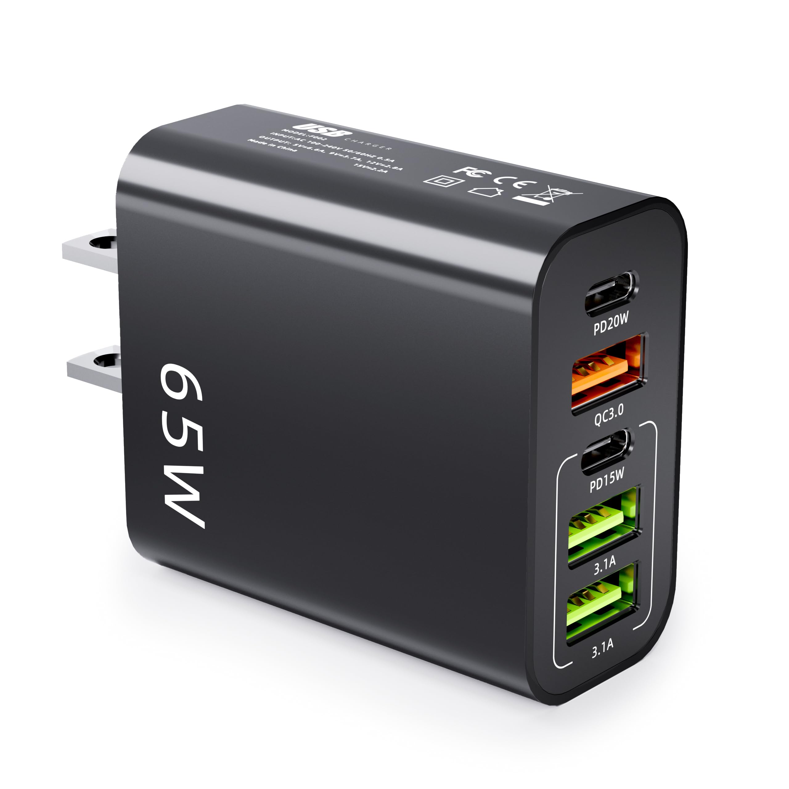 USB C Wall Charger,65W 5-Port Fast Charging Block Charger Dual Port PD+QC Plug Multiport Type for iPhone 15 14 13 12 11 Pro Max XS XR 8 7, Pad, Samsung Phone, Tablet (Black)