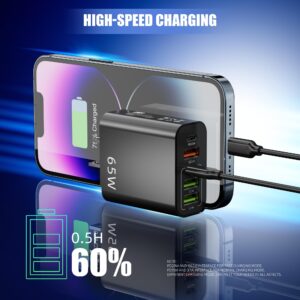 USB C Wall Charger,65W 5-Port Fast Charging Block Charger Dual Port PD+QC Plug Multiport Type for iPhone 15 14 13 12 11 Pro Max XS XR 8 7, Pad, Samsung Phone, Tablet (Black)