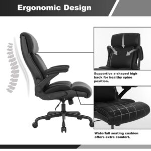 Executive Office Chair, Big and Tall Office Chair 500lbs for Heavy People Ergonomic High Back Leather Executive Office Chair with Flip-up Armrests and Adjustable Height Office Chair (Black)