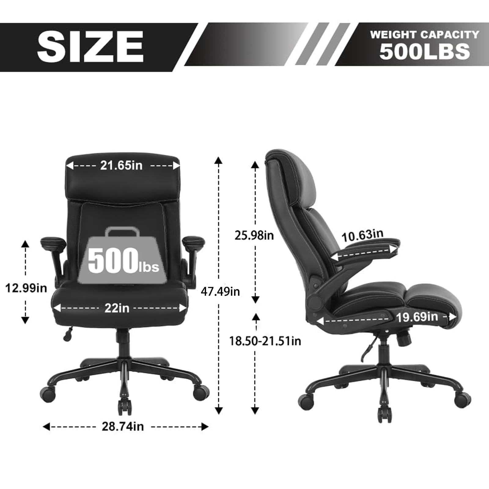 Executive Office Chair, Big and Tall Office Chair 500lbs for Heavy People Ergonomic High Back Leather Executive Office Chair with Flip-up Armrests and Adjustable Height Office Chair (Black)