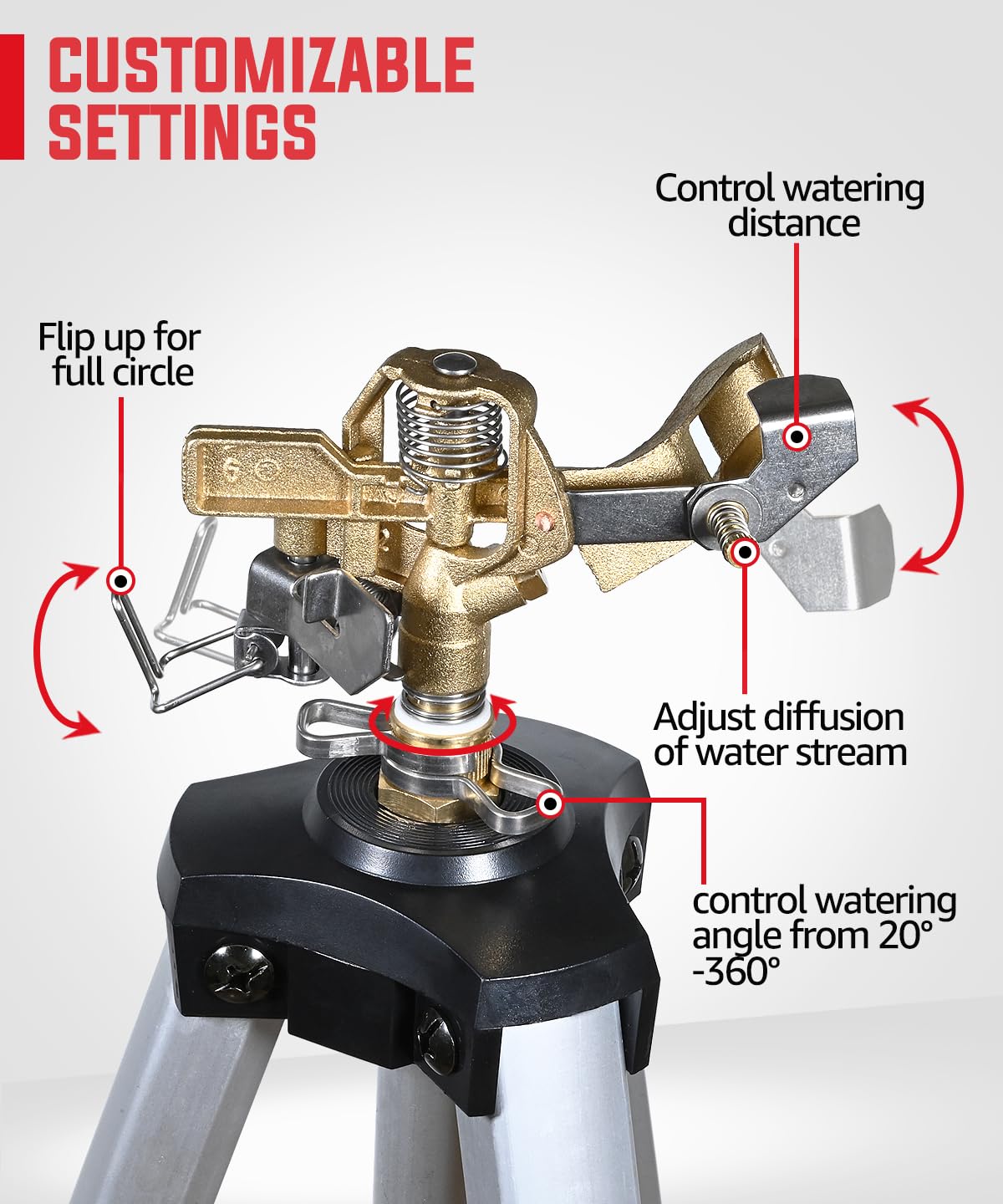 YAMATIC Impact Sprinkler on Adjustable Tripod Base, 360 Degree Large Area, Heavy Duty Adjustable Pulsator Sprinkler for Lawn, Yard and Grass Irrigation, Spray up to 20-90ft(Brass Head)