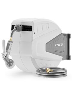 ayleid retractable garden hose reel,5/8 in x 100 ft wall mounted hose reel, with 9- function sprayer nozzle, any length lock/slow return system/wall mounted/180°swivel bracket (grey)