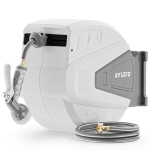 Ayleid Retractable Garden Hose Reel,5/8 in x 100 FT Wall Mounted Hose Reel, with 9- Function Sprayer Nozzle, Any Length Lock/Slow Return System/Wall Mounted/180°Swivel Bracket (Grey)