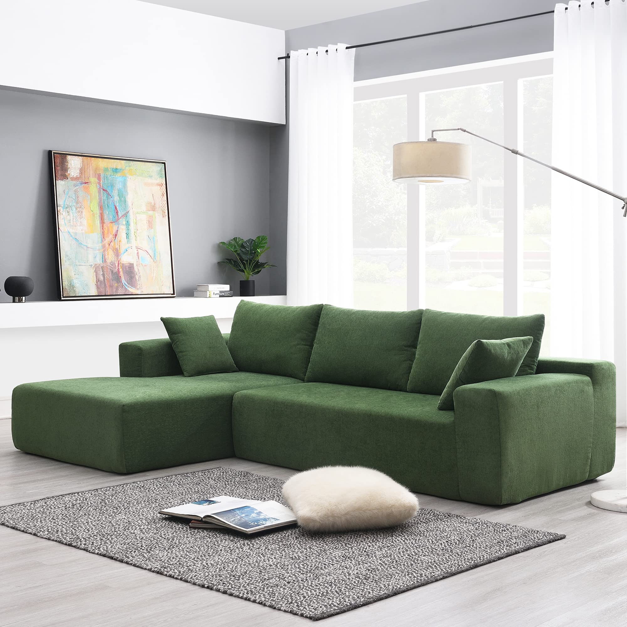 WILLIAMSPACE 109" Modular Sectional Sofa Couch for Living Room, Modern Upholstered Floor Sofa, L-Shaped Sponge Sofa Couch with Chaise Lounge & Pillows for Home Office, Chenille Fabric (Green)