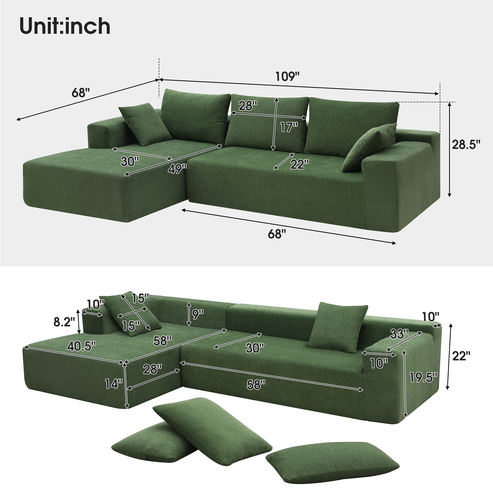 WILLIAMSPACE 109" Modular Sectional Sofa Couch for Living Room, Modern Upholstered Floor Sofa, L-Shaped Sponge Sofa Couch with Chaise Lounge & Pillows for Home Office, Chenille Fabric (Green)