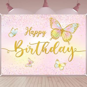 dandat 7 x 5 ft butterfly happy birthday backdrop pink theme gold butterfly birthday party decorations polyester spring banner baby girls princess photography background for bday photo shoot prop