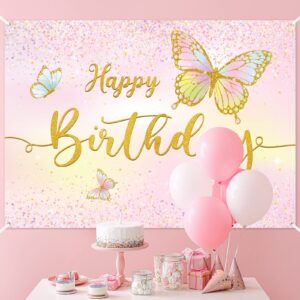 Dandat 7 x 5 ft Butterfly Happy Birthday Backdrop Pink Theme Gold Butterfly Birthday Party Decorations Polyester Spring Banner Baby Girls Princess Photography Background for Bday Photo Shoot Prop