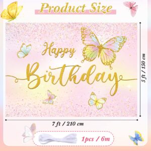 Dandat 7 x 5 ft Butterfly Happy Birthday Backdrop Pink Theme Gold Butterfly Birthday Party Decorations Polyester Spring Banner Baby Girls Princess Photography Background for Bday Photo Shoot Prop