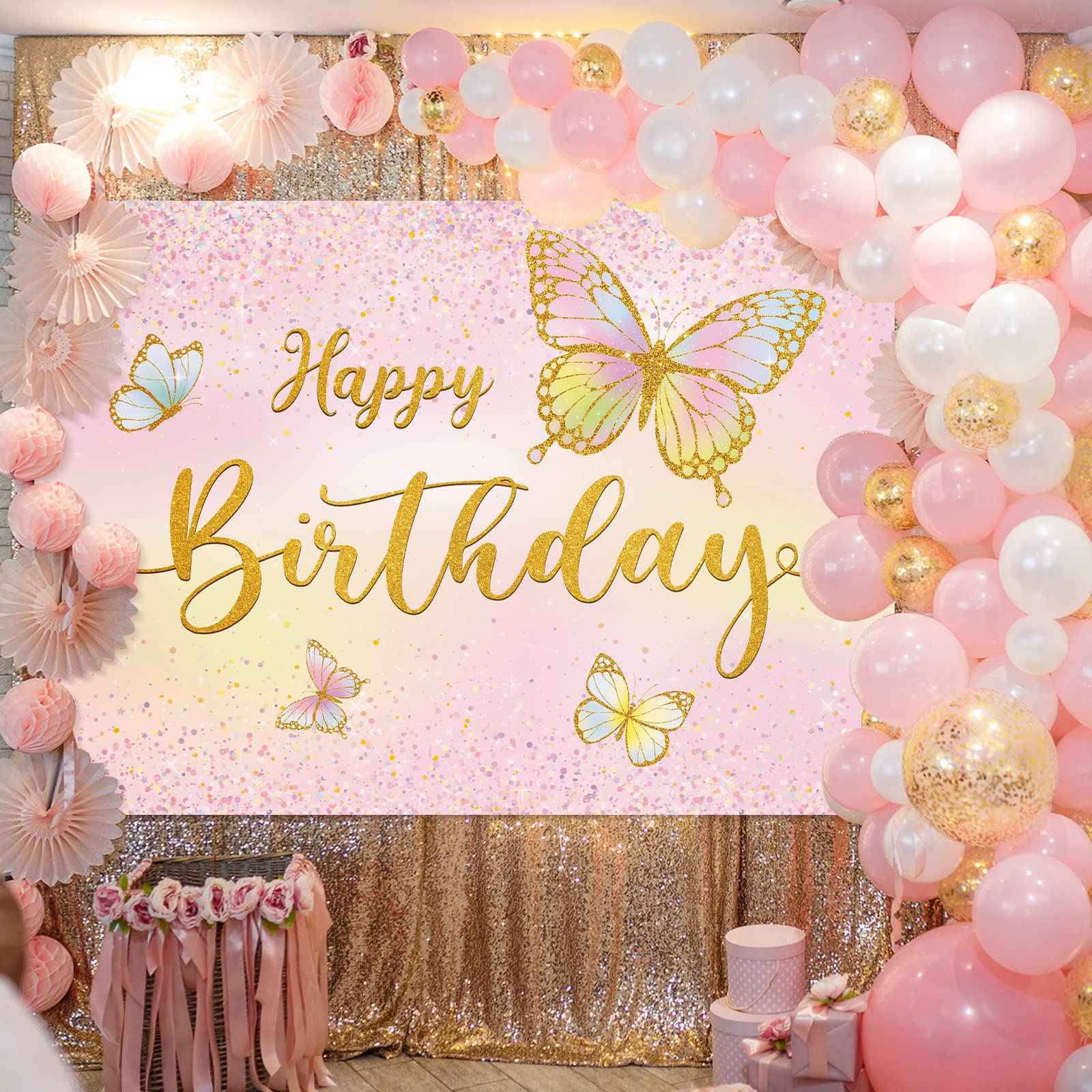 Dandat 7 x 5 ft Butterfly Happy Birthday Backdrop Pink Theme Gold Butterfly Birthday Party Decorations Polyester Spring Banner Baby Girls Princess Photography Background for Bday Photo Shoot Prop
