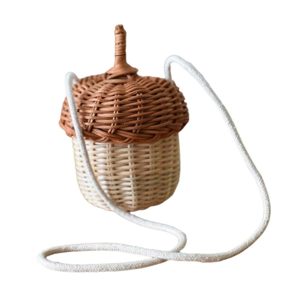 gofidin Acorn Shaped Basket Storage Basket Rattan Wooden Woven Shoulder Bag Tropical Beach Style Bucket Photo Props