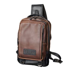 leather sling bag, casual backpack outdoor crossbody shoulder bag hiking vintage chest bag travel camping fishing hunting (brown)