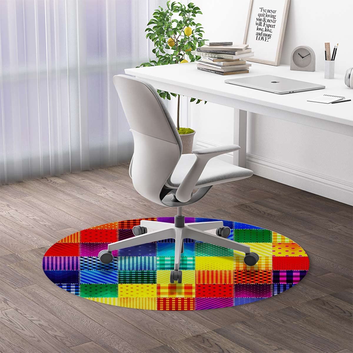 Multicolor PU Leather Chair Mat for Hardwood Floor & Tile Floor Rainbow Colored Mosaic Pattern Squares Anti-Slip Low Pile Under Desk Rug, Large Floor Protector Abstract Diameter 47.2 in