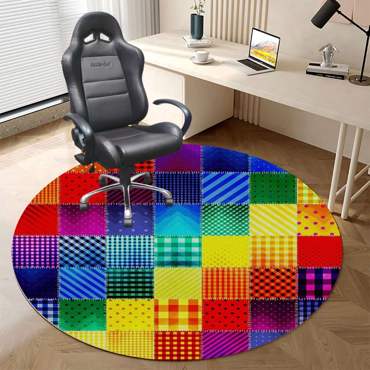 Multicolor PU Leather Chair Mat for Hardwood Floor & Tile Floor Rainbow Colored Mosaic Pattern Squares Anti-Slip Low Pile Under Desk Rug, Large Floor Protector Abstract Diameter 47.2 in