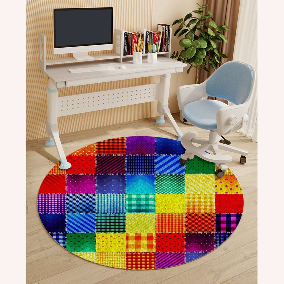 Multicolor PU Leather Chair Mat for Hardwood Floor & Tile Floor Rainbow Colored Mosaic Pattern Squares Anti-Slip Low Pile Under Desk Rug, Large Floor Protector Abstract Diameter 47.2 in