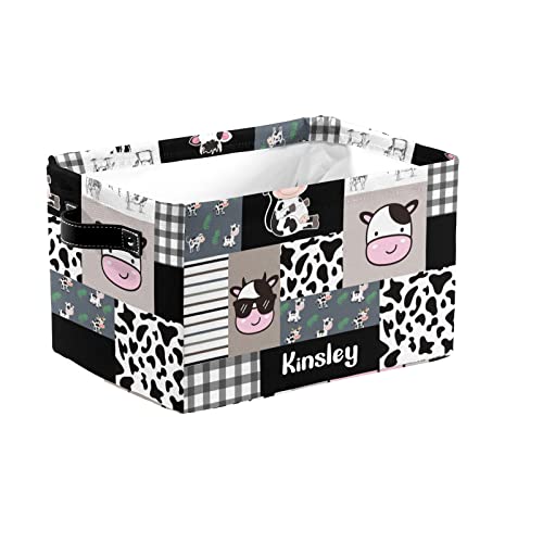 Storage Baskets Farm Cow Cattle Plaid Patchwork Storage Baskets for Organizing, Foldable Storage Baskets for Shelves, Fabric Storage Bins with Handles