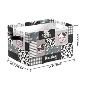 Storage Baskets Farm Cow Cattle Plaid Patchwork Storage Baskets for Organizing, Foldable Storage Baskets for Shelves, Fabric Storage Bins with Handles