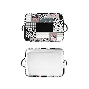 Storage Baskets Farm Cow Cattle Plaid Patchwork Storage Baskets for Organizing, Foldable Storage Baskets for Shelves, Fabric Storage Bins with Handles