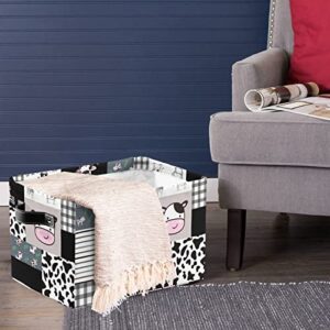 Storage Baskets Farm Cow Cattle Plaid Patchwork Storage Baskets for Organizing, Foldable Storage Baskets for Shelves, Fabric Storage Bins with Handles