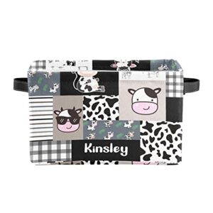 Storage Baskets Farm Cow Cattle Plaid Patchwork Storage Baskets for Organizing, Foldable Storage Baskets for Shelves, Fabric Storage Bins with Handles