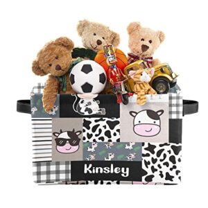 Storage Baskets Farm Cow Cattle Plaid Patchwork Storage Baskets for Organizing, Foldable Storage Baskets for Shelves, Fabric Storage Bins with Handles