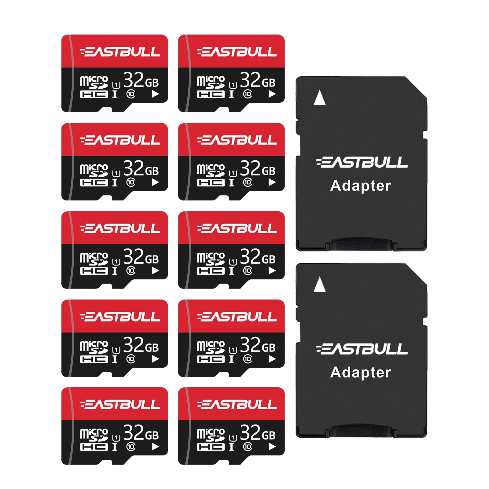 32GB 10-Pack of Micro SD Cards, EASTBULL SD Memory Cards 32GB SD Cards Pack Full HD Video 90MB/s UHS-I U1 Micro SDHC Class 10 for Surveillance Security Cam (10 Units and 2 Adapters)