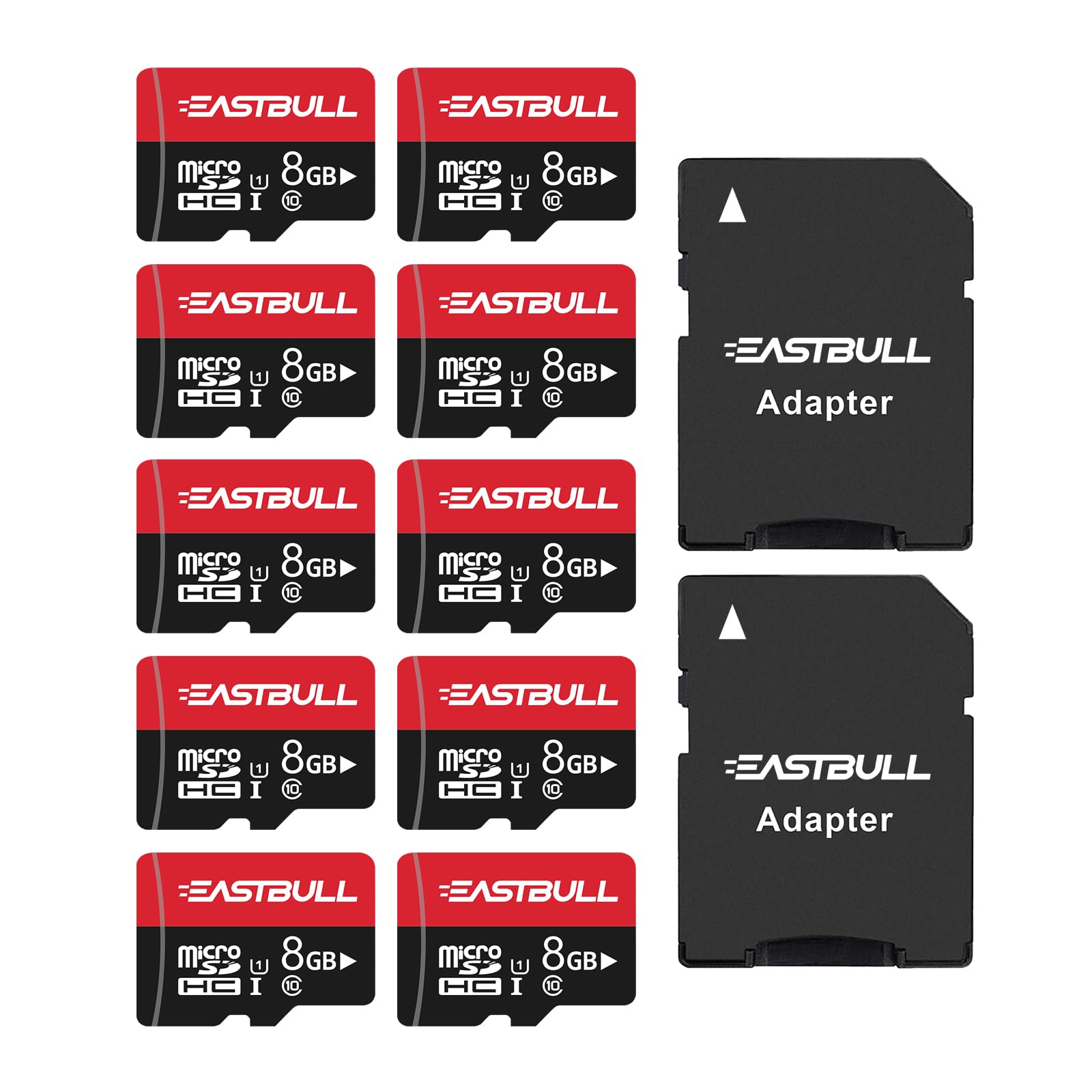 EASTBULL 8GB 10-Pack of Micro SD Cards, SD Memory Cards 8GB SD Cards Pack Full HD Video 90MB/s UHS-I U1 Micro SDHC Class 10 for Surveillance Security Cam (10 Units and 2 Adapters)